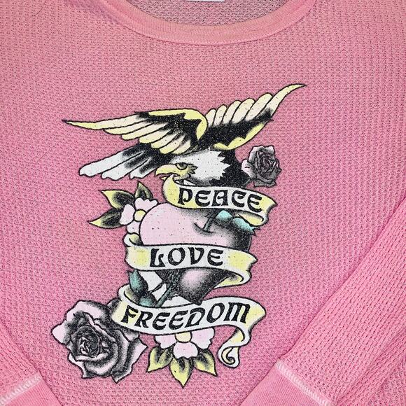 VINTAGE 90's ANKH PINK THERMAL TOP-XS-Peace Love Freedom Tattoo Biker - Picture 3 of 7